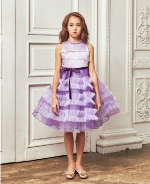 紫色网纱花边钉珠无袖礼服裙公主裙