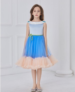 一字领蓝色裸色网纱拼接连衣裙公主裙