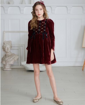 酒红色金丝绒钉珠长袖礼服裙公主裙