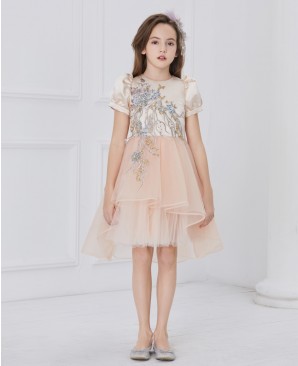 杏粉色缎面蕾丝刺绣短袖网纱连衣裙公主裙