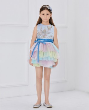 蓝色缎面彩色网纱蕾丝刺绣连衣裙公主裙