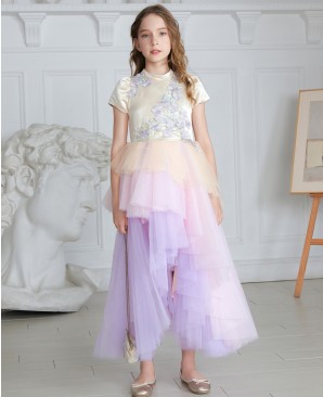 粉色紫色渐变网纱蕾丝长裙礼服裙