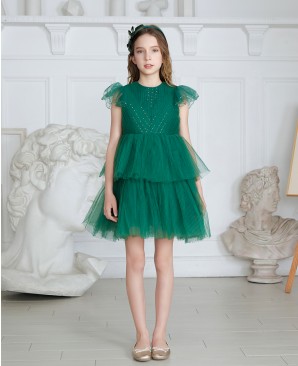 祖母绿压褶网礼服短裙公主裙