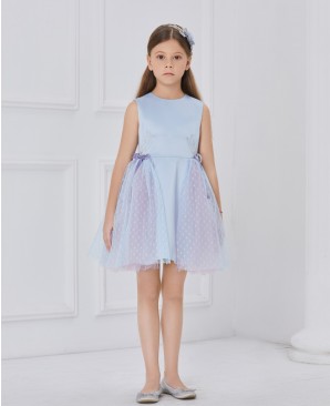 淡蓝色缎面紫色网纱无袖连衣裙公主裙