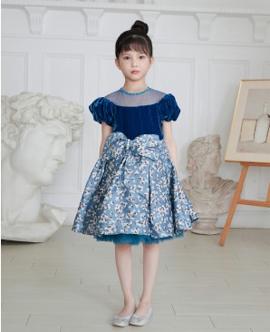 蓝色金丝绒花朵提花礼服短裙连衣裙