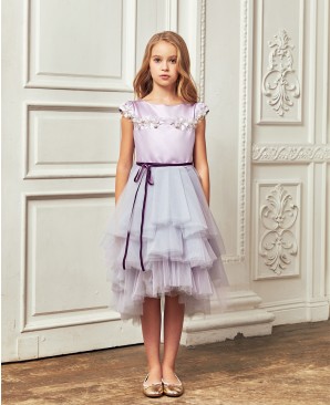 淡紫色缎面钉珠细节多层网纱裙礼服裙