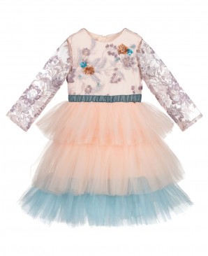 刺绣蕾丝裸色蓝色网纱渐变网纱连衣裙公主裙