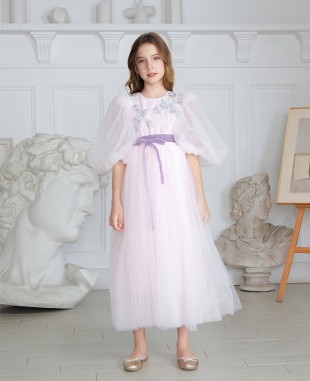 婴儿粉蕾丝细节泡泡袖网纱礼服长裙公主裙