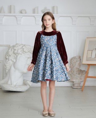 酒红色金丝绒长袖花朵提花礼服裙公主裙