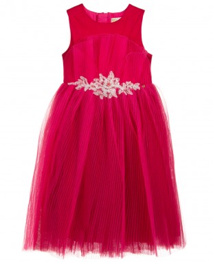 玫红色蕾丝裙无袖连衣裙