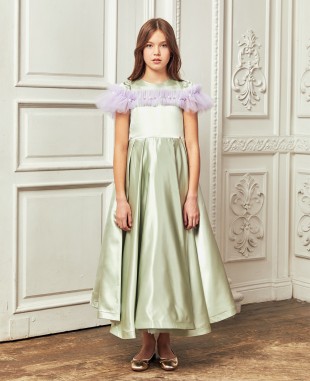 薄荷绿缎面紫色网纱细节大摆长裙公主裙