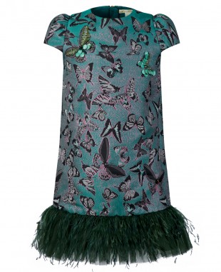 翡翠绿提花羽毛礼服舞会裙