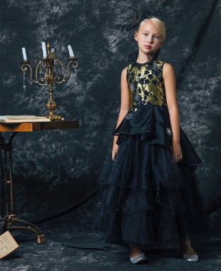 黑金提花高领无袖礼服长裙公主裙