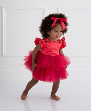 红色缎面小飞袖网纱婴儿连衣裙公主裙