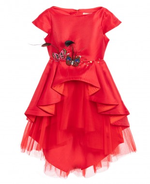 皇家红色缎面蝴蝶刺绣连衣裙薄纱裙婚礼裙