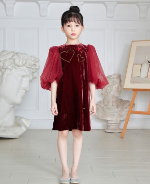 酒红色金丝绒网纱泡泡袖连衣裙礼服裙