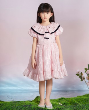 粉色提花深蓝色织带细节钉珠公主短裙礼服裙