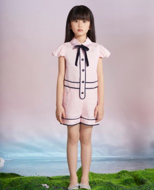 深蓝色织带细节粉色棉麻连体裤