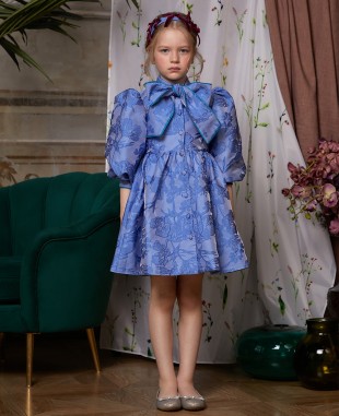 海蓝色提花蝴蝶结系带连衣裙礼服裙