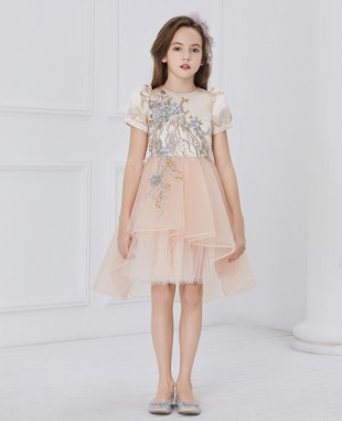 杏粉色缎面蕾丝刺绣短袖网纱连衣裙公主裙