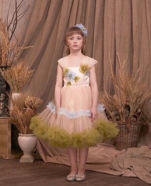 绿色和蓝色花朵网纱公主裙连衣裙