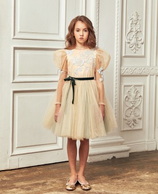 裸色网纱淡蓝色蕾丝钉珠细节长袖连衣裙公主裙