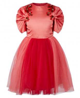 红色缎面网纱钉珠短袖连衣裙礼服裙