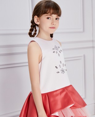 粉色红色缎面无袖网纱礼服裙公主裙