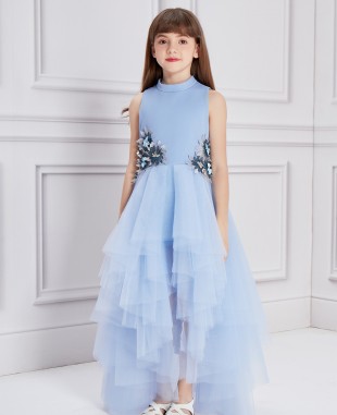 淡蓝色蕾丝花长款网纱礼服裙公主裙