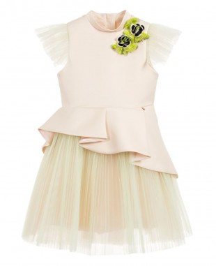 裸色缎布淡绿色薄纱连衣裙亮片舞会裙