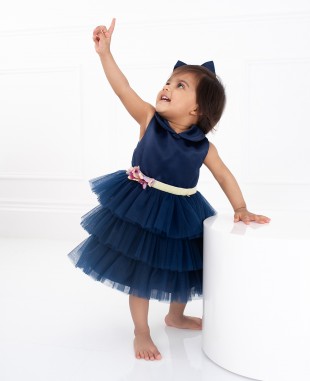 金色腰带蓝色网纱裙婴儿公主裙