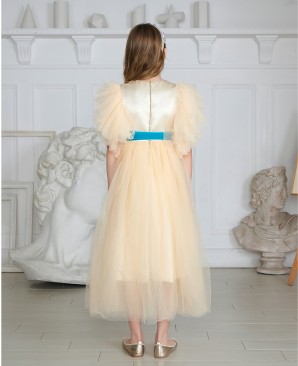 裸杏色缎面蕾丝细节礼服长裙公主裙