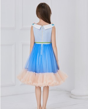 一字领蓝色裸色网纱拼接连衣裙公主裙