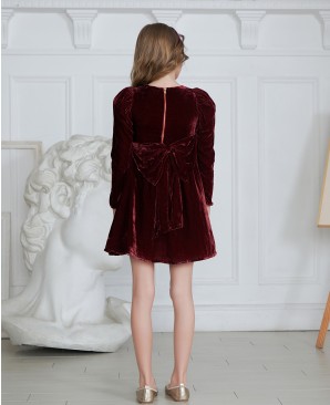 酒红色金丝绒钉珠长袖礼服裙公主裙