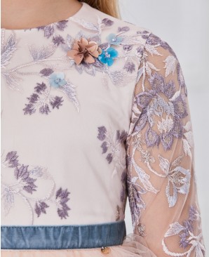 刺绣蕾丝裸色蓝色网纱渐变网纱连衣裙公主裙