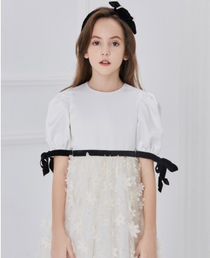 白色缎面花朵网纱连衣裙公主裙