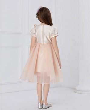 杏粉色缎面蕾丝刺绣短袖网纱连衣裙公主裙