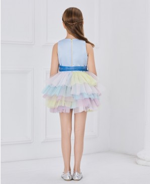 蓝色缎面彩色网纱蕾丝刺绣连衣裙公主裙