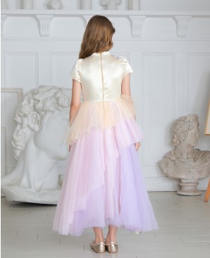 粉色紫色渐变网纱蕾丝长裙礼服裙