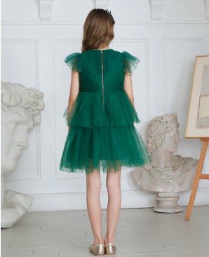 祖母绿压褶网礼服短裙公主裙