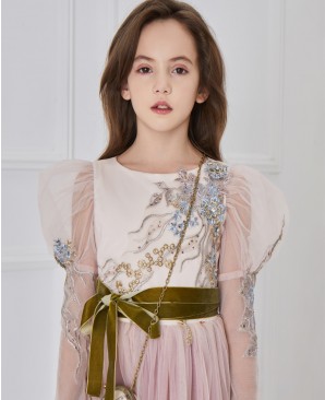 粉色长袖蕾丝刺绣细节连衣裙公主裙