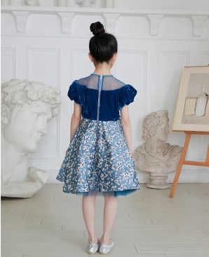 蓝色金丝绒花朵提花礼服短裙连衣裙