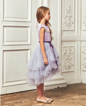 淡紫色缎面钉珠细节多层网纱裙礼服裙