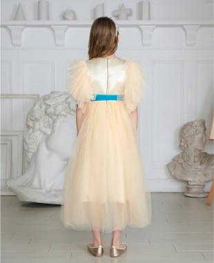 裸杏色缎面蕾丝细节礼服长裙公主裙