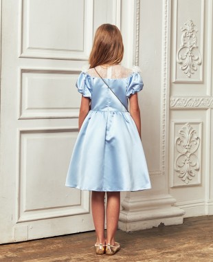 淡蓝色缎面与蕾丝拼接短袖连衣裙公主裙
