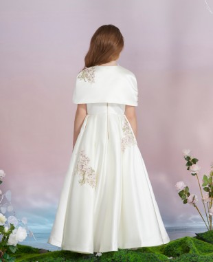 天使白缎面蕾丝细节公主长裙礼服裙