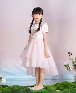 粉色花朵刺绣细节网纱公主短裙连衣裙