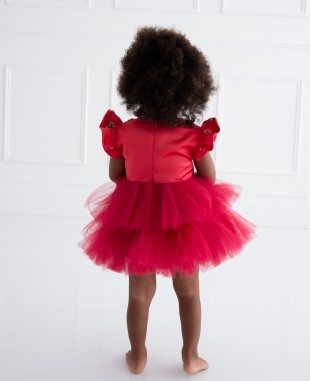 红色缎面小飞袖网纱婴儿连衣裙公主裙