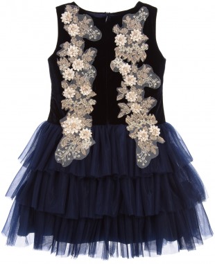 深蓝色雏菊无袖蕾丝裙网纱裙