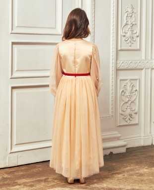 裸色网布红色丝绒织带细节蕾丝长裙公主裙